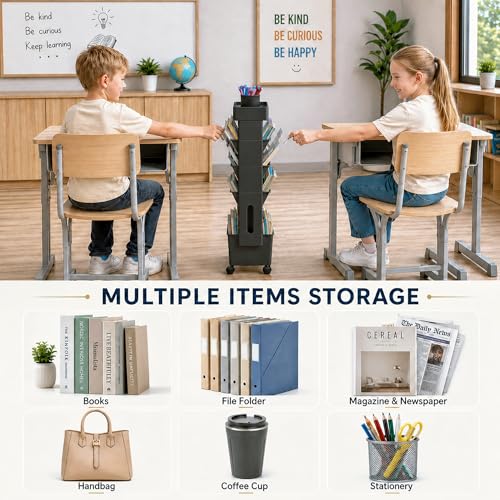 Image of BYFU 5-Tier Movable Bookshelf Cart, Rolling File Paper Storage Organizer Mobile Bookcase with Wheels for Home Office Study Classroom, Black
