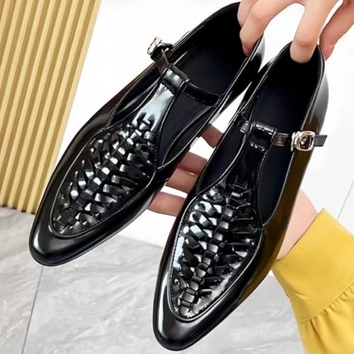 Chic Flats for Women with One-Strap Metal Buckle Pointed-Toe Genuine Leather Mary Jane Shoes Business4