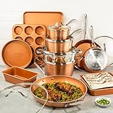 Gotham Steel Hammered 15 Pc Ceramic Cookware Set Nonstick, Deep Copper Pots and Pans Set Non Stick with Bakeware & Deep Fry Pan, Non Toxic PFOA PFOS Free, Induction Oven and Dishwasher Safe