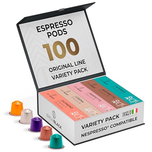 BrewBlack Variety Pack - 100 Aluminium Coffee Pods Compatible with Nespresso Original line - Medium & Dark Roast Coffee Capsules Made in Italy