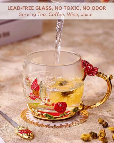 Image of Enamel Flower Glass Coffee Mugs & Tea Cup Set with Steel Spoon | Luxury Butterfly Design Tea Cups for Women, Mom, Wife | Unique Personalized Gifts for Birthday, Mother's Day Valentine's Day