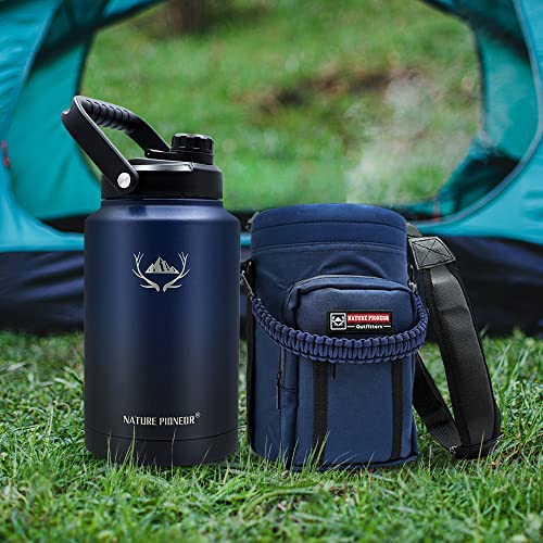 Nature Pioneor 128Oz Vacuum Insulated Water Bottle Set With Carrying Holder, 18/8 Food Grade Stainless Steel One Gallon Jug, Beer Growler With Carrier Pouch For Outdoor Camping Hiking #TOP7