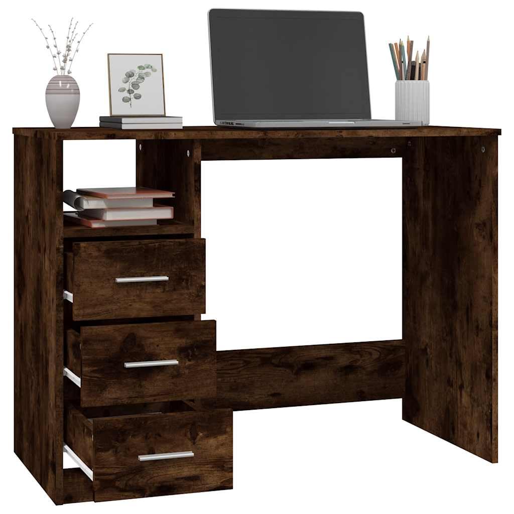 Biurko z szufladami dąb wędzony materiał drewnopochodny 102 x 50 x 76 cm, biurko komputerowe, miejsce do pracy, do domu, gabinetu, z miejscem do przechowywania i otwartą półką na wyposażenie