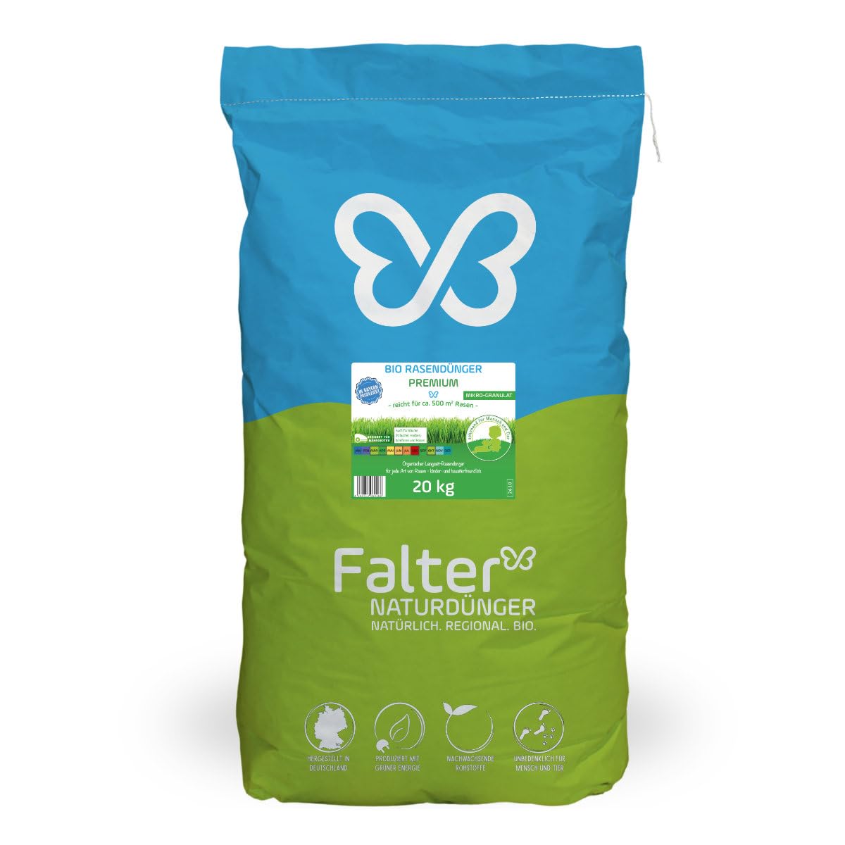 Falter BIO Rasendünger Premium 20 kg | Organischer NPK-Dünger | Biodünger für Rasen, Bäume, Sträucher, Hecken, Koniferen und Rosen. Unbedenklich für Mensch und Tier