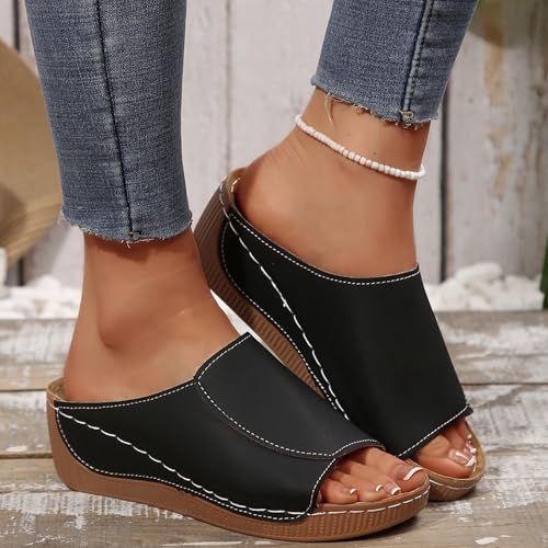 2025 Women's Solid Color Breathable Leather Platform Wedge Sandals Comfort Arch Support Casual Walk All Day