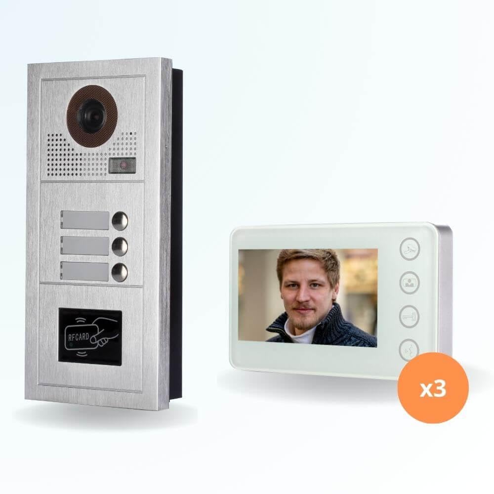 Portier interphone vidéo Modern 2 Fils - 3 Appartements - 3 écrans Blancs - avec Lecteur de Badge