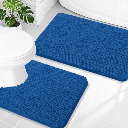 Image of OLANLY Bathroom Rugs Sets 2 Piece, Soft Absorbent Chenille Bath Mats and U-Shaped Contour Toilet Rug Set, Machine Washable Bath Carpet, Home Decor Accessories(30 inchx20 inch+24 inchx20 inch, Deep Navy Blue)