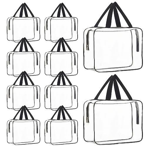 10 Pack Large Clear Cosmetic Bags with Handle PVC Plastic Toiletry Pouches with Zipper Transparent Makeup Bag for Women, Men, Beach, Traveling