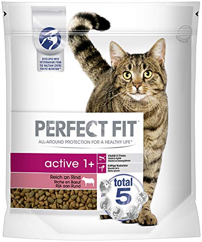 Perfect Fit Active 1+ – Trockenfutter für erwachsene, aktive Katzen ab 1 Jahr – Reich an Rind – Unterstützt die Vitalität – 4 x 1,4 kg
