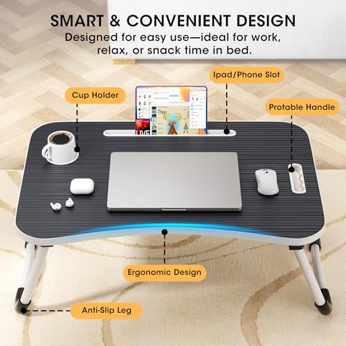 Image of Folding Lap Desk, 23.6 Inch Wood Laptop Bed Desk with Cup Holder, Portable Bed Table for Working Writing Reading & Eating for Bed, Sofa, Couch, Floor - Black