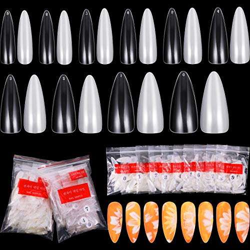 1000 Pieces Almond Nails Full Cover Stiletto Nails Clear Acrylic Nail Tips Fake Nails Press on False Nails for Nail Salon and DIY Nail Art Decoration, Natural Color and Transparent Color
