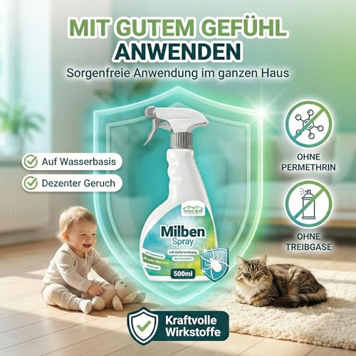 HomeBugProtect Milbenspray 500ml - Anti Milben Spray gegen Hausstaubmilben, Milbenspray für Matratzen als effektiver Schutz für Allergiker auch im Umfeld von Hunden und Katzen