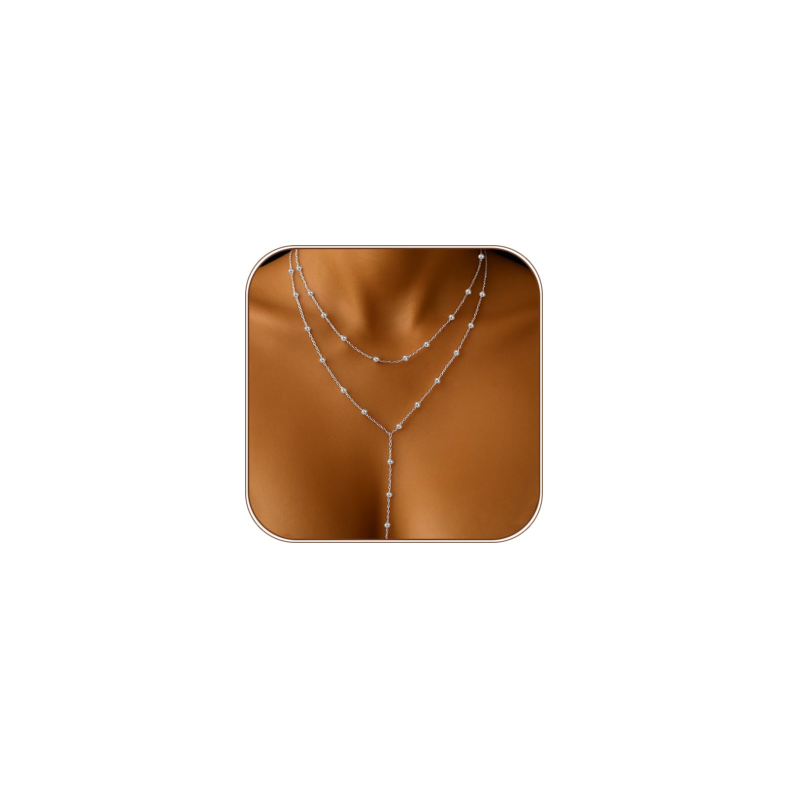 Photo 1 of HAXIYA Long Silver Necklace for Women Dainty Layered Lariat Necklaces for Women Silver Long Y-Shaped Layered Beaded Chain Drop Necklaces for Womens Trendy Simple Fashion Jewelry for Womens Gift