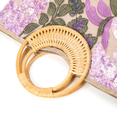 Image of Rattan Wood Handle Sequin Embroidered Floral Beach Bag Tote for Vacation and Wedding Party
