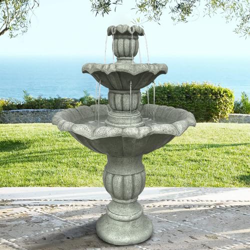 Bodenbrunnen aus Beton Outdoor, Ø67 cm Kaskadenbrunnen mit Pumpe, Wetterfester Gartenbrunnen für Terrasse
