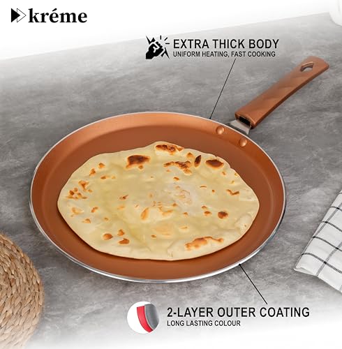 Image of Kreme Sonet Non Stick Dosa Tawa 28cm for Gas Stove & Induction Bottom | Flat Tawa | Roti & Chapati Tawa | Paratha Pan | Uttapam & Pancake Maker | Crepe Pan | Bronze