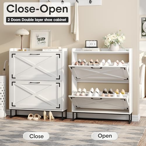 Image of Maupvit Shoe Storage Cabinet with 2 Flip Drawers, Freestanding Organizer with Metal Legs for Entryway, Narrow Shoe Rack Cabinet, Black White