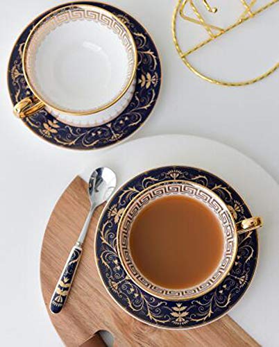 YBK Tech Euro Style Bone China Cup& Saucer Set, Ceramic Tea Coffee Cup for Home Kitchen Wedding (Royal Pattern- Deep Blue)
