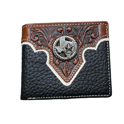 Men’s Short Leather Wallet – Floral Tooled Inlay with Texas State and Star Concho – Western Cowboy Bifold Wallet for Texans, Ranchers & Patriotic Gifts