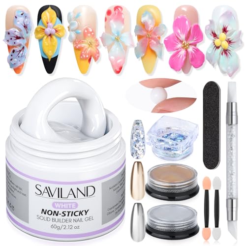 Image of SAVILAND White Solid Builder Nail Gel Kit: Non-Sticky 60 g Sculpture Gel for Nail Art with Chrome Powder Sequins Sculpture Pen Non-Wipe Extensions 3D Nails Art Designs DIY Home