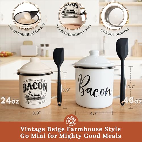 Image of Ayerphalo Bacon Grease Container with Strainer - With Food-Grade Silicone Spatula, 24oz Enamel Rustic Farmhouse Fat Container, Keeper, Recipes, Dishwasher Safe (Pack of 2)