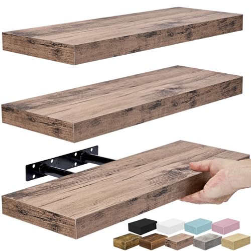 Sorbus Floating Shelves for Wall, Bathroom Shelves Wall Mounted for Kitchen, Bedroom, Bathroom Storage Over Toilet, Hanging Book Shelf for Wall Home Decor Living Room (Mahogany, 3 Pack)