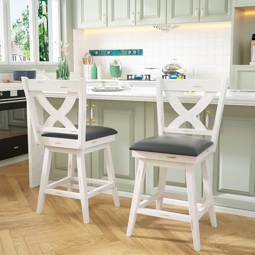 Image of Swivel Barstools Set of 6, 24 Inch Counter Height Kitchen Island Chairs with Back, Upholstered Seat Bar Stool with Solid Wood Legs & Footrest, Counter Stools for Pub, Bar, Restaurant (Antique White)