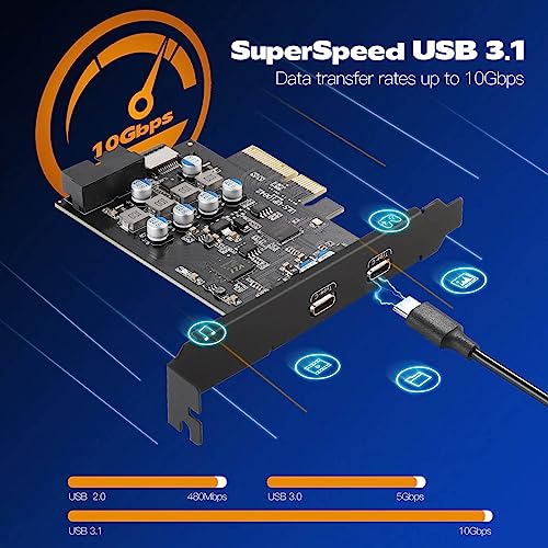 Image of PCIe to USB 3.1 Extension Card with 2 USB C and 2 Internal DIY Port(Type-E,19 Pin USB 3.0 Header) PCI-E Add on Cards 10Gbps PCI Express Front Panel Adapter for Desktop PC
