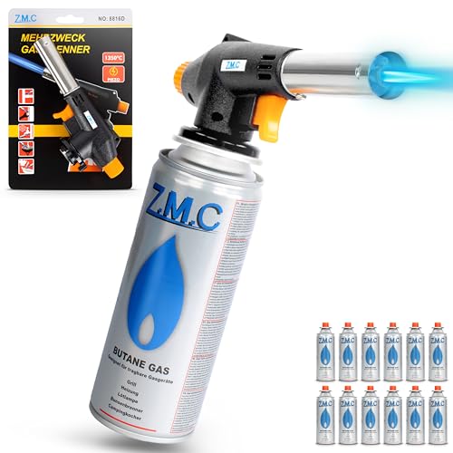 Z.M.C Gasbrenner + 12x Gaskartuschen 227g, Schweißbrenner Flambierbrenner bis zu 1300°C, Bunsenbrenner Lötlampe 1,3kW, Lötbrenner, Küchenbrenner Abflammgerät mit einstellbarer Flamme