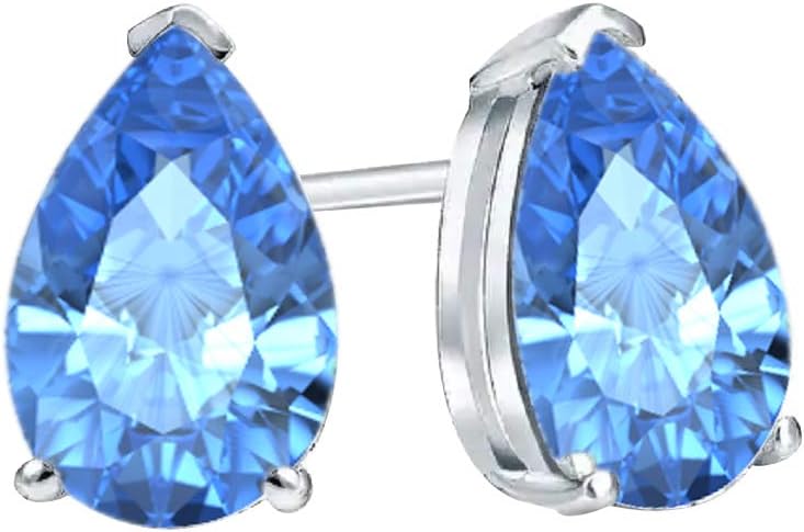 6X8mm 1.20 Ctw Pear Shaped CZ Blue Topaz 14k White Gold Over .925 Sterling Silver Stud Earring For Women
