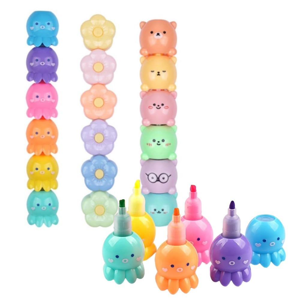 3 Sets Cartoon-Textmarker, Oktopus, Blume, Bär, stapelbar, Marker, Stifte, 5 Farben, Keilspitze, Textmarker, Lesezeichen