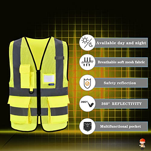 Image of 5 Pack Reflective Construction vests Zipper(Medium) | Yellow M Class 2 5-pack vests with reflective strips, mic tabs and 7 pockets for warehouse operations; 21 color options.