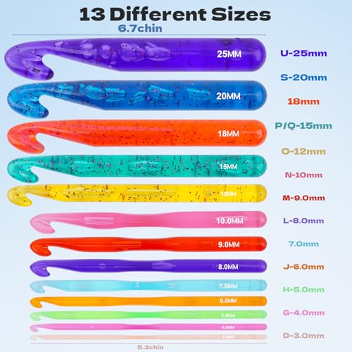 Image of BsHooker 13 Size Crochet Hooks Set,Plastic Crystal Crochet Hook with Case,Large Crochet Hooks for Chunky Yarn Ergonomic Knitting Needles Crochet Needle for Beginners and Crocheting Yarn,3.0mm -25mm