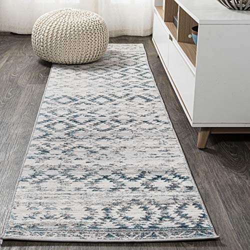 Image of JONATHAN Y Faded Trellis Gray /Turquoise Runner Rug 2X8 ft, Ancient for Living Room, Bedroom, Kitchen, Office, Easy-Cleaning, High Traffic, Pet-Friendly, Non-Shedding SOR206A-28