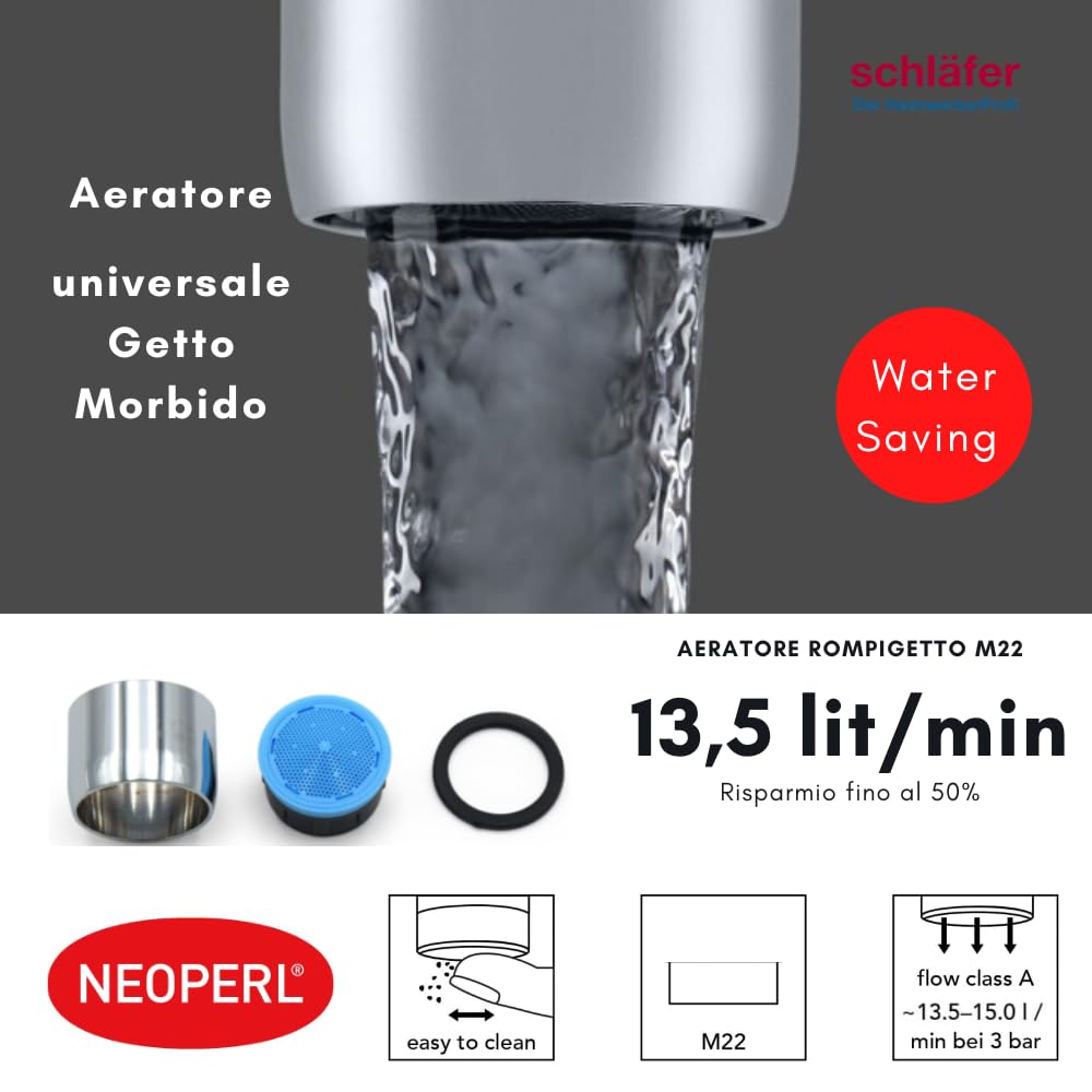 Schläfer 100510 | Rompigetto Rubinetto Cucina, Filtro in Acciaio con Filetto M22x1, Compatibile con Aeratore Neoperl, Rompigetto a Risparmio Acqua, Confezione da 2 Pezzi