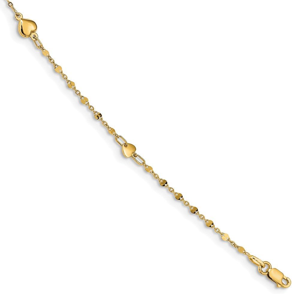 Leslie's Real 14kt Yellow Gold Polished Heart w/1in ext. Anklet; 10 inch; Lobster Clasp
