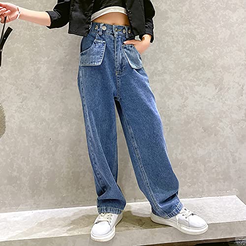 Kids Girls Casual Denim Pants High Waist Button Jeans Fashion Wide Leg Baggy Jeans Trousers Casual Daily Active Wear3