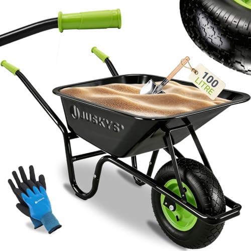 Juskys brouette Garden - Volume de 100 litres - 210 kg - pneus gonflables avec Jante en métal - Cuve galvanisée - brouette de Jardin - Noir