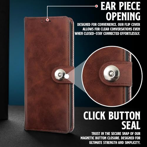 Image of WOW IMAGINE Shock Proof Flip Cover Back Case for Oppo F33 Pro 5G (Magnetic Button Flip Case | Wallet Pockets & Stand | Leather Finish | Coffee)