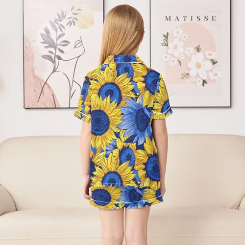 ALAZA Sunflower Blue Yellow Pajamas Satin Pajama Set Short Sleeve Button Down Sleepwear4