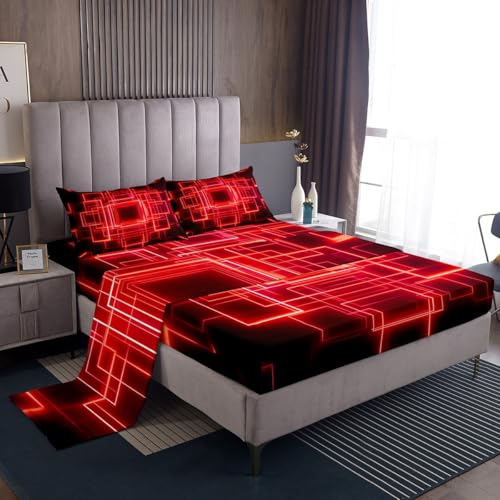 jejeloiu Geometric Fitted Sheet Full Size Modern Art Bedding Set for Boys Girls Teens Bright Red Bed Sheets Set Breathable Soft Lightweight Microfiber