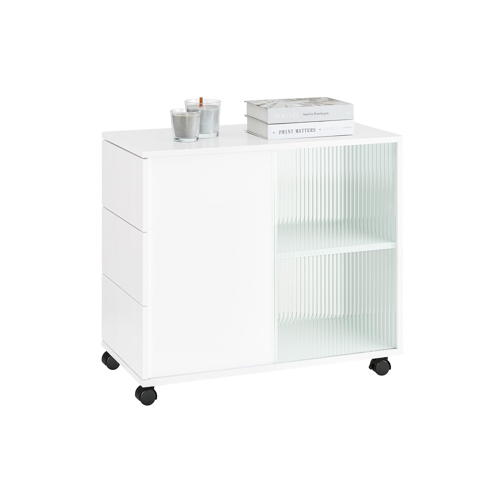 SoBuy Mobiletto con Rotelle, Comodino con 3 Cassetti e 2 Ante a Vetro, Tavolino Moderno Multifunzione per Soggiorno, Camera da Letto, Bianco 70x35x61 cm FBT141-W