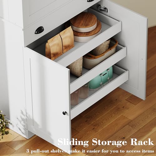 IRONCK Kitchen Pantry Cabinet 72" Height, Freestanding Cupboard with Drawer, Sliding Storage Rack, and 6 Hanging Shelves for Dining Room, Laundry, White