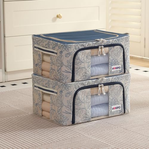 Image of HOKIPO 24L(S) Wardrobe Organiser for Storage of Clothes, 600D Oxford Fabric Storage Box, Blue Blossom Pack of 2 (AR-6484-BLU*2)