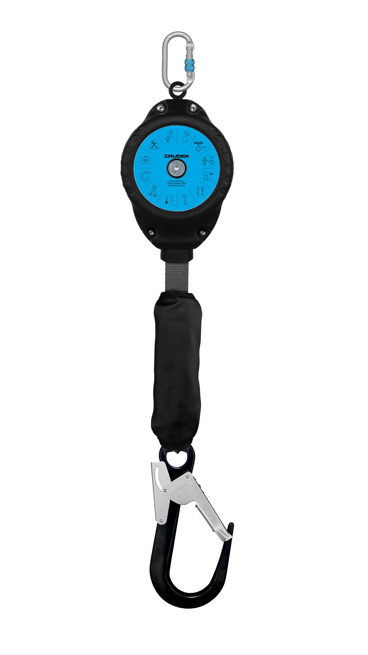 Irudek KARBOR 3,5 SE H – Anticaídas retráctil 3,5 m con cinta Technora, cárter sintético, gancho horizontal, conectores giratorios, indicador de caída y chip NFC Ready, certificado EN 360 | VG11.060