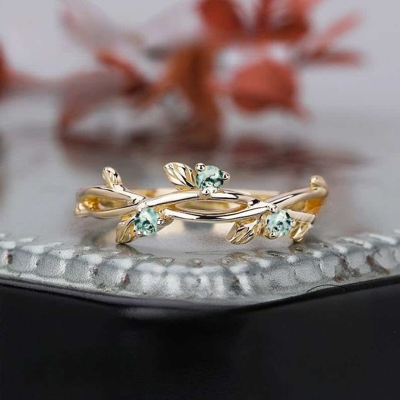 Leaf moss agate wedding band gold wedding band unique green agate ring nature inspired leaf floral ring cluster moissanite ring for women