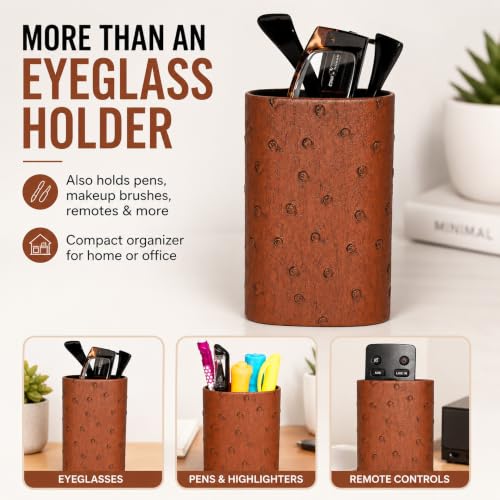 Image of Calabria Desktop Eye Glasses Holder Soft Lining Weighted Base Eyeglasses Stand Case Desks Nightstands PU Leather Mens Womens