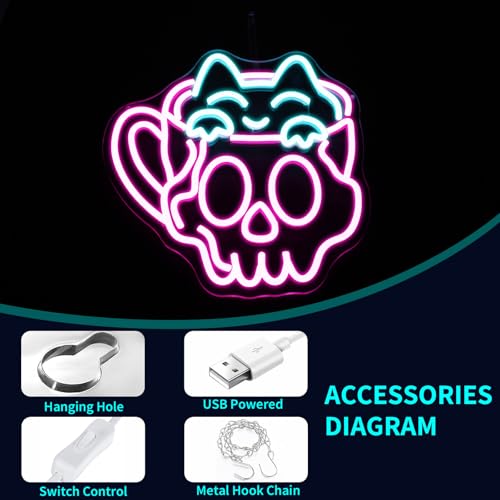 Image of Neon Sign, JGHTURIE Cup Neon Signs for Wall Decor Funny Skull Cat Light Up Sign USB Powered Pink Led Signs for Man Cave Business Coffee Cafe Shop Bakery Hotel Store