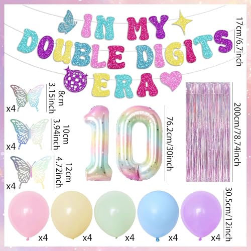 Image of 10th Birthday Party Decorations In My Double Digits Era Banner 10th Balloons Colorful Glitter Double Digits Party Supplies