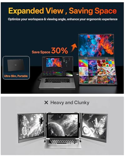 Image of DEPGI 14 inch Dual Portable Laptop Screen Extender, Stacked Dual Portable Monitor for 13 inch-16 inch Laptops, Foldable Triple Screen with 30W PD Adapter, USB-C One-Cable Plug & Play for MacBook, Windows